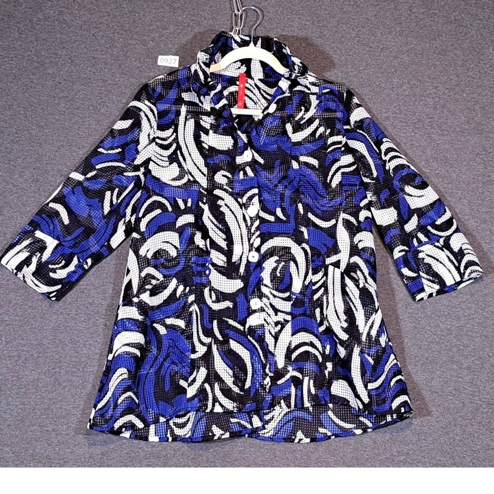 IC by Connie K Womens Small Blue Black Abstract Swirl Mesh Button Front Top USA